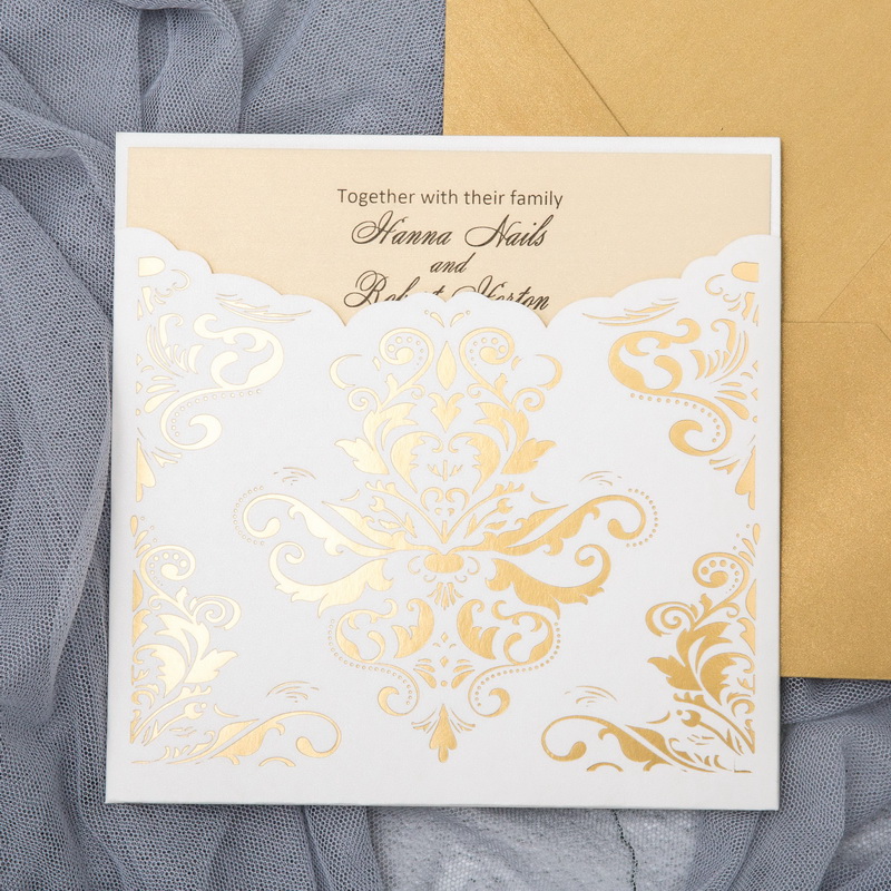 Foil Stampted Damask Pocket Die Cutting Wedding Invitations