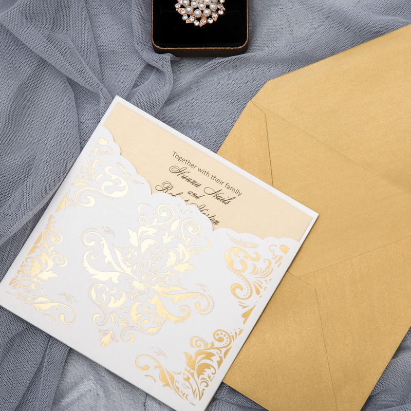 Foil Stampted Damask Pocket Die Cutting Wedding Invitations