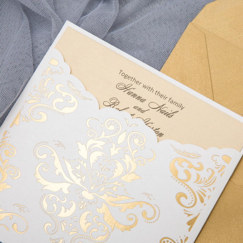Foil Stampted Damask Pocket Die Cutting Wedding Invitations