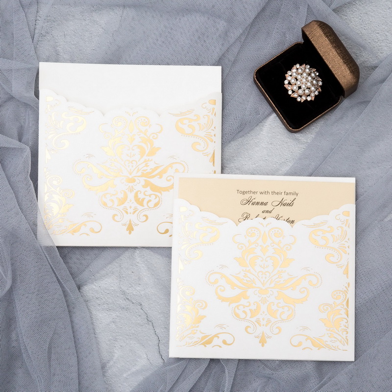 Foil Stampted Damask Pocket Die Cutting Wedding Invitations
